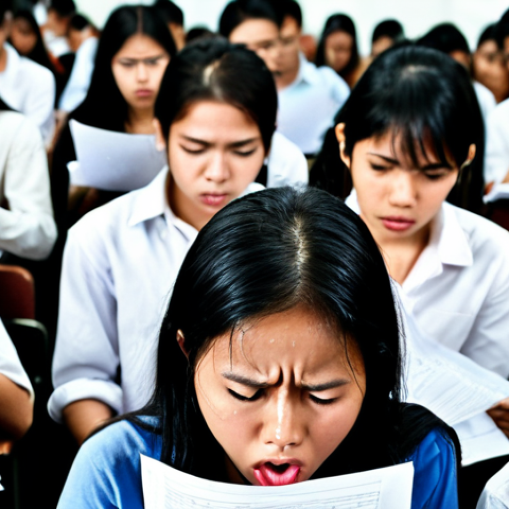Objective Exam Format**

Prompt: Close-up of a stressed student looking at multiple-choice questions on an exam paper, sweat dripping, confused expressions. The scene is in a crowded examination hall in Malaysia.

**
