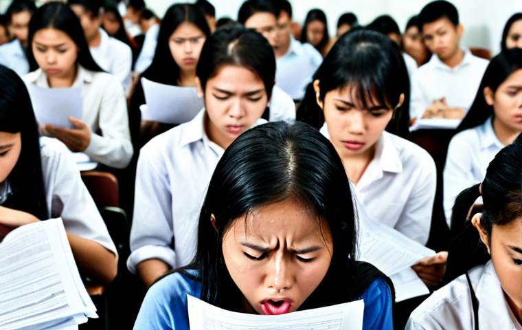 Objective Exam Format**
Prompt: Close-up of a stressed student looking at multiple-choice questions on an exam paper, sweat dripping, confused expressions. The scene is in a crowded examination hall in Malaysia.
**