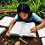 **

A young, motivated individual studying environmental law books and notes, surrounded by materials related to Malaysian environmental acts and regulations. The scene should convey a sense of focused study and determination. Incorporate elements that suggest current environmental issues in Malaysia, like news clippings about river pollution or deforestation.

**
