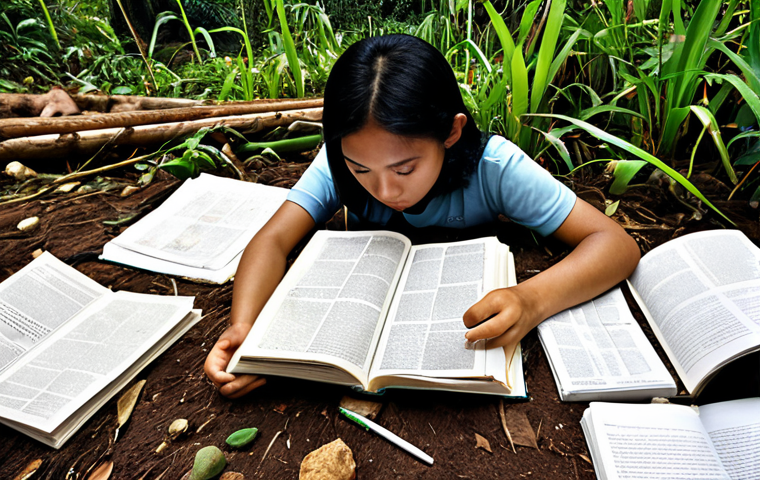 **
A young, motivated individual studying environmental law books and notes, surrounded by materials related to Malaysian environmental acts and regulations. The scene should convey a sense of focused study and determination. Incorporate elements that suggest current environmental issues in Malaysia, like news clippings about river pollution or deforestation.
**