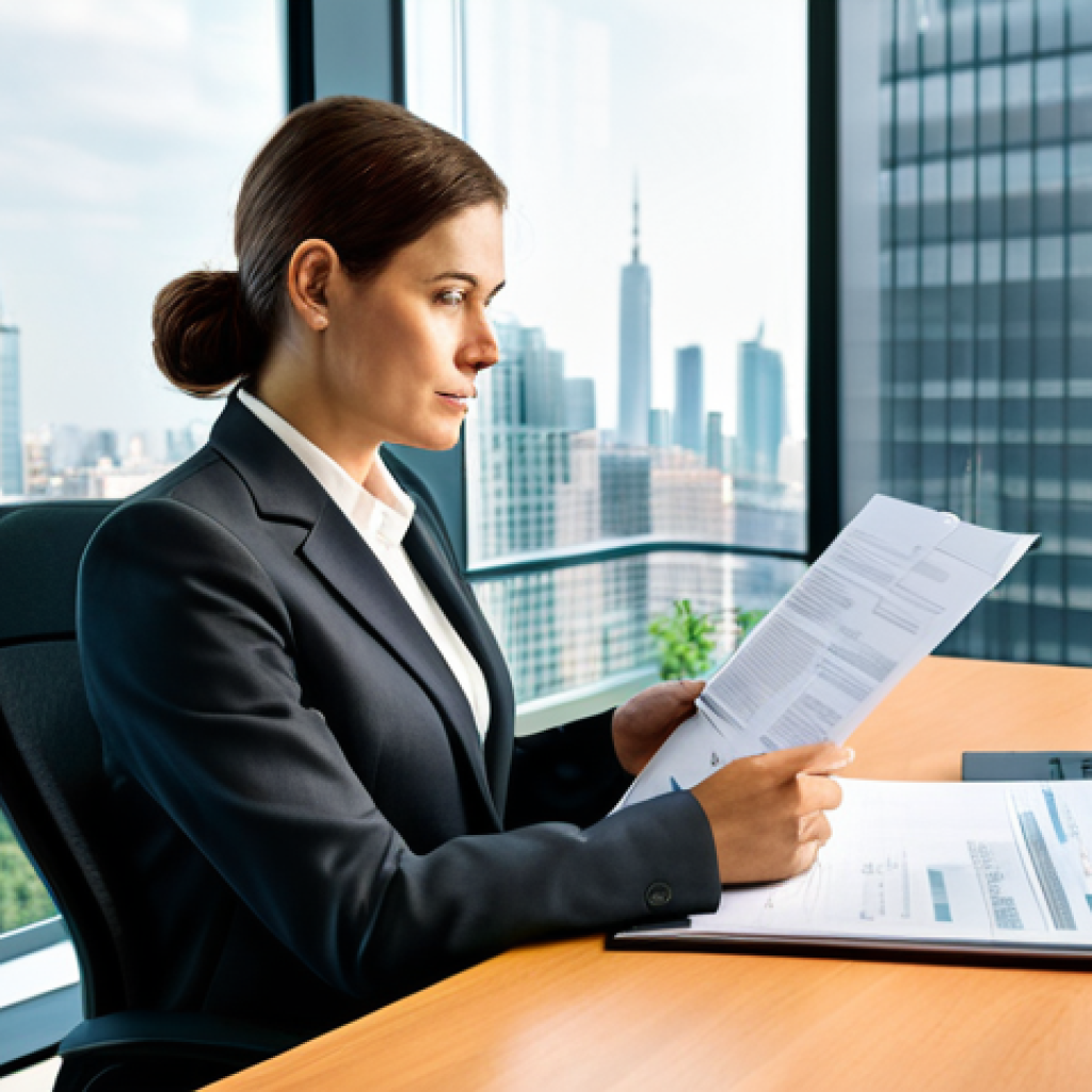 A professional female Environmental Manager, fully clothed in a modest business suit, seated at a sleek modern desk in a well-lit office. She is reviewing complex legal documents and environmental policy papers, with a focused and determined expression. The background features a large window overlooking a contemporary cityscape with subtle green elements, suggesting a commitment to urban sustainability. The office is tidy, with a laptop and a stack of reference books. This image embodies professionalism and diligence. safe for work, appropriate content, fully clothed, professional dress, perfect anatomy, correct proportions, natural pose, well-formed hands, proper finger count, natural body proportions, high-resolution, professional photography.