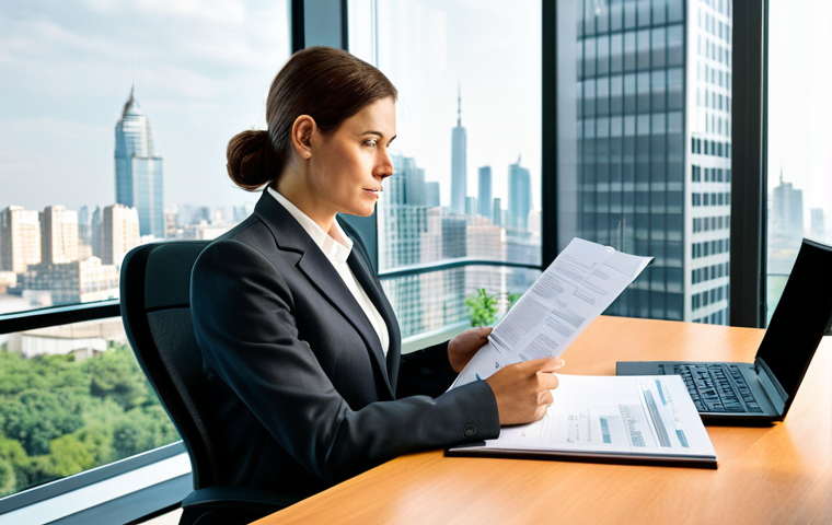 A professional female Environmental Manager, fully clothed in a modest business suit, seated at a sleek modern desk in a well-lit office. She is reviewing complex legal documents and environmental policy papers, with a focused and determined expression. The background features a large window overlooking a contemporary cityscape with subtle green elements, suggesting a commitment to urban sustainability. The office is tidy, with a laptop and a stack of reference books. This image embodies professionalism and diligence. safe for work, appropriate content, fully clothed, professional dress, perfect anatomy, correct proportions, natural pose, well-formed hands, proper finger count, natural body proportions, high-resolution, professional photography.