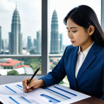 A professional environmental manager, female, of Malay ethnicity, in a modest business suit, seated at a sleek modern office desk. She is reviewing documents related to the Environmental Quality Act 1974 (AKAS) and an Environmental Impact Assessment (EIA) report, with charts and legal texts spread around. The background features a blurred view of a modern Malaysian cityscape through a large window. The atmosphere is calm and studious. Perfect anatomy, correct proportions, natural pose, well-formed hands, proper finger count, natural body proportions. Fully clothed, appropriate attire, professional dress, safe for work, appropriate content, professional, family-friendly, high quality photography, sharp focus.