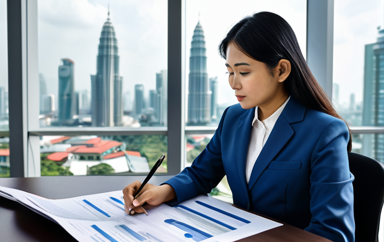 A professional environmental manager, female, of Malay ethnicity, in a modest business suit, seated at a sleek modern office desk. She is reviewing documents related to the Environmental Quality Act 1974 (AKAS) and an Environmental Impact Assessment (EIA) report, with charts and legal texts spread around. The background features a blurred view of a modern Malaysian cityscape through a large window. The atmosphere is calm and studious. Perfect anatomy, correct proportions, natural pose, well-formed hands, proper finger count, natural body proportions. Fully clothed, appropriate attire, professional dress, safe for work, appropriate content, professional, family-friendly, high quality photography, sharp focus.