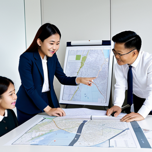 **

A team meeting in a bright, modern office of an environmental consulting firm.  The team members are fully clothed in modest business attire (e.g., modest dresses, button-down shirts and slacks, skirts and blouses).  They are gathered around a table, reviewing blueprints and discussing a project.  One person is pointing to a map of Malaysia on a screen. Perfect anatomy, correct proportions, well-formed hands, natural pose, safe for work, appropriate content, professional, modest, family-friendly.