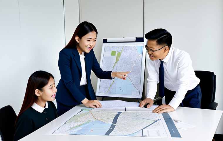 **

A team meeting in a bright, modern office of an environmental consulting firm.  The team members are fully clothed in modest business attire (e.g., modest dresses, button-down shirts and slacks, skirts and blouses).  They are gathered around a table, reviewing blueprints and discussing a project.  One person is pointing to a map of Malaysia on a screen. Perfect anatomy, correct proportions, well-formed hands, natural pose, safe for work, appropriate content, professional, modest, family-friendly.