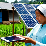 ** A female environmental consultant in a modest baju kurung, holding a tablet and inspecting a solar panel installation in a rural Malaysian village. Safe for work, appropriate content, fully clothed, professional, perfect anatomy, natural proportions, bright daylight, high resolution.

**