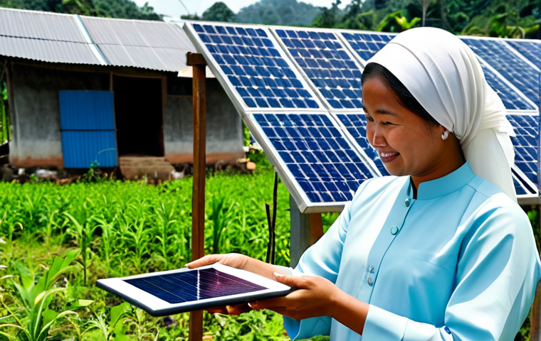 ** A female environmental consultant in a modest baju kurung, holding a tablet and inspecting a solar panel installation in a rural Malaysian village. Safe for work, appropriate content, fully clothed, professional, perfect anatomy, natural proportions, bright daylight, high resolution.

**